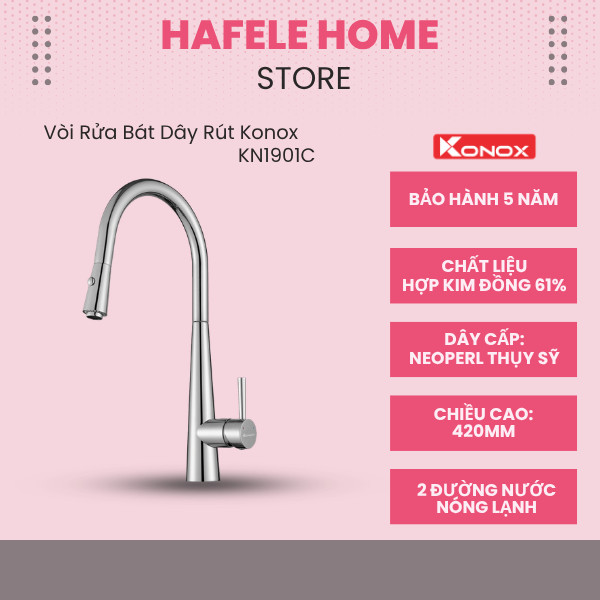 Vòi Rửa Bát Dây Rút Konox KN1901C - 2 Đường Nóng Lạnh - Thân Vòi Xoay 360 Độ - Phạm Vi Tiếp Cận Lớn