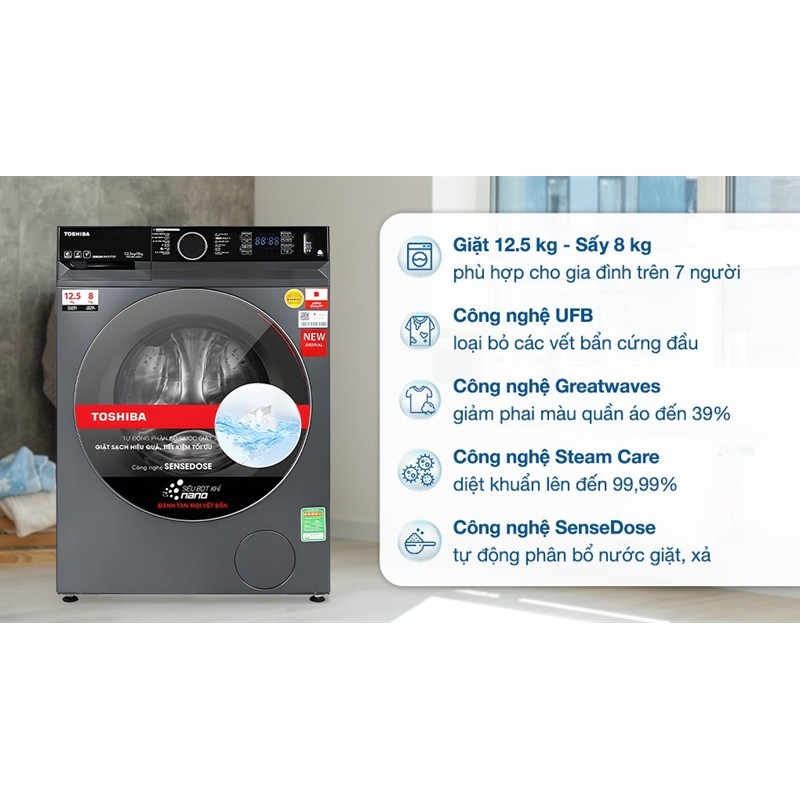 Máy giặt sấy Toshiba Inverter giặt 12.5 kg - sấy 8 kg TWD-BM135GF4V(MG) Điện Máy KHO RẺ