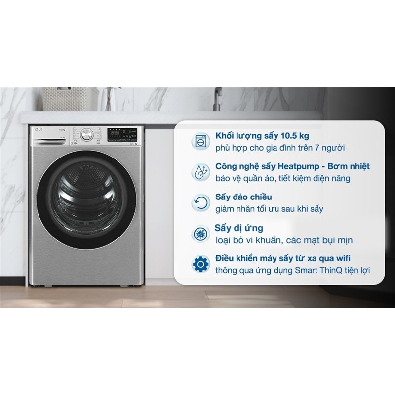Máy sấy bơm nhiệt LG 10.5 kg DVHP50P - HÀN QUỐC (Tặng chân) Bảo hành chính hãng