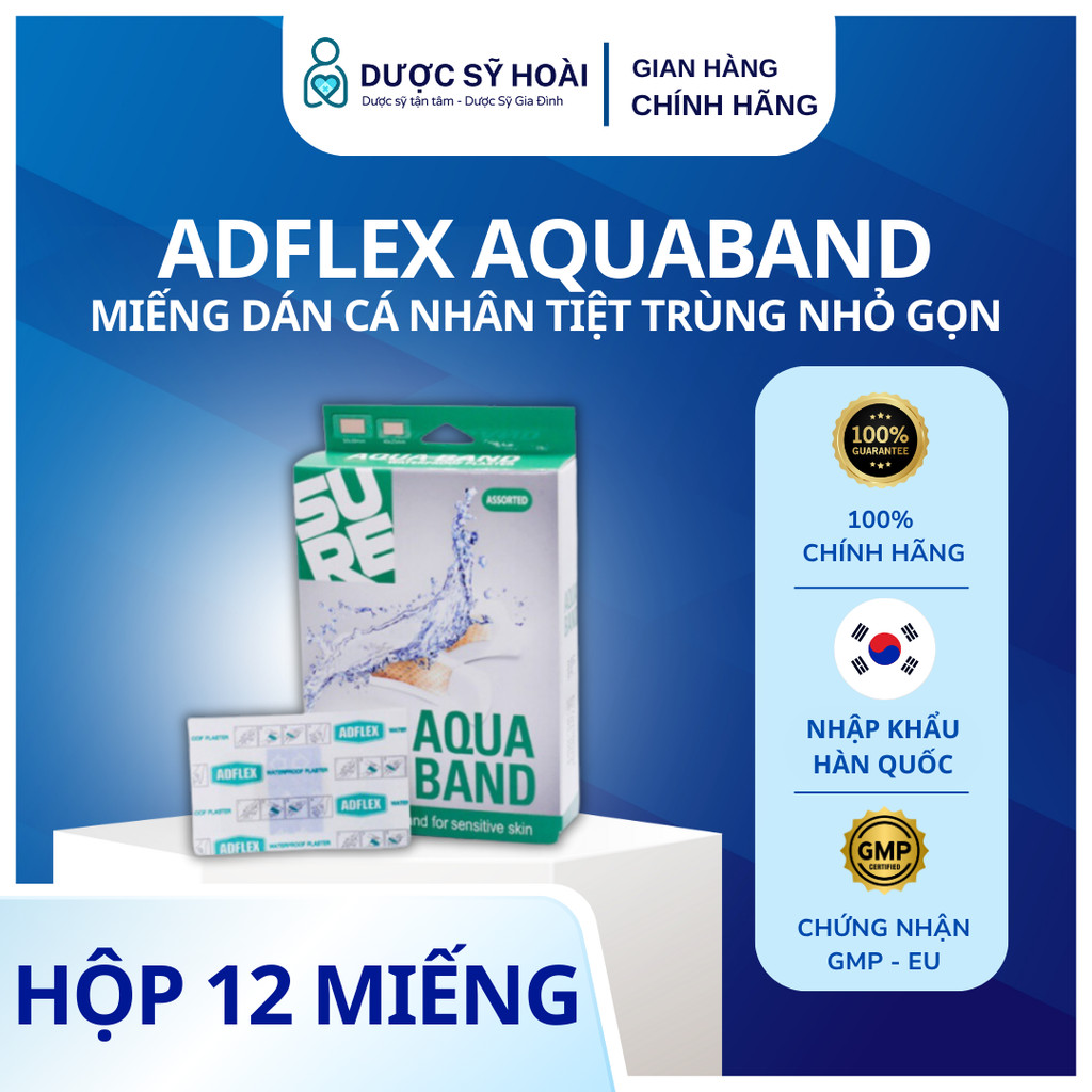 Băng cá nhân không thấm nước ADFLEX AQUABAND - Hộp 6 miếng 5cmx3cm và 6 miếng 4cmx2,5cm