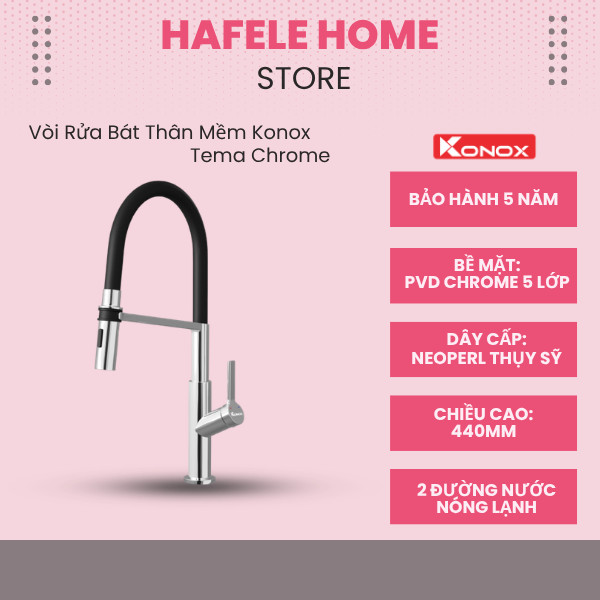 Vòi Rửa Bát Konox Tema Chrome - 2 Đường Nước Nóng Lạnh - Thân Vòi Mềm Giúp Mở Rộng Phạm Vi Thao Tác