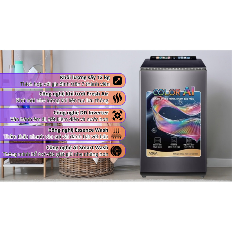 Máy giặt Aqua Inverter 12 kg AWM12-BSR1K(BU) 2025 Φ8 Sá∅ bải-Φ3-∅9-Φ1