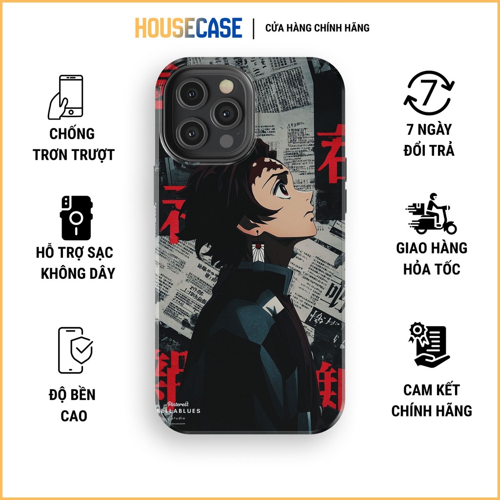 Ốp iphone tanjiro nhìn nghiêng nền báo cũ chữ nhật DEMON SLAYER độc đáo TPU cứng