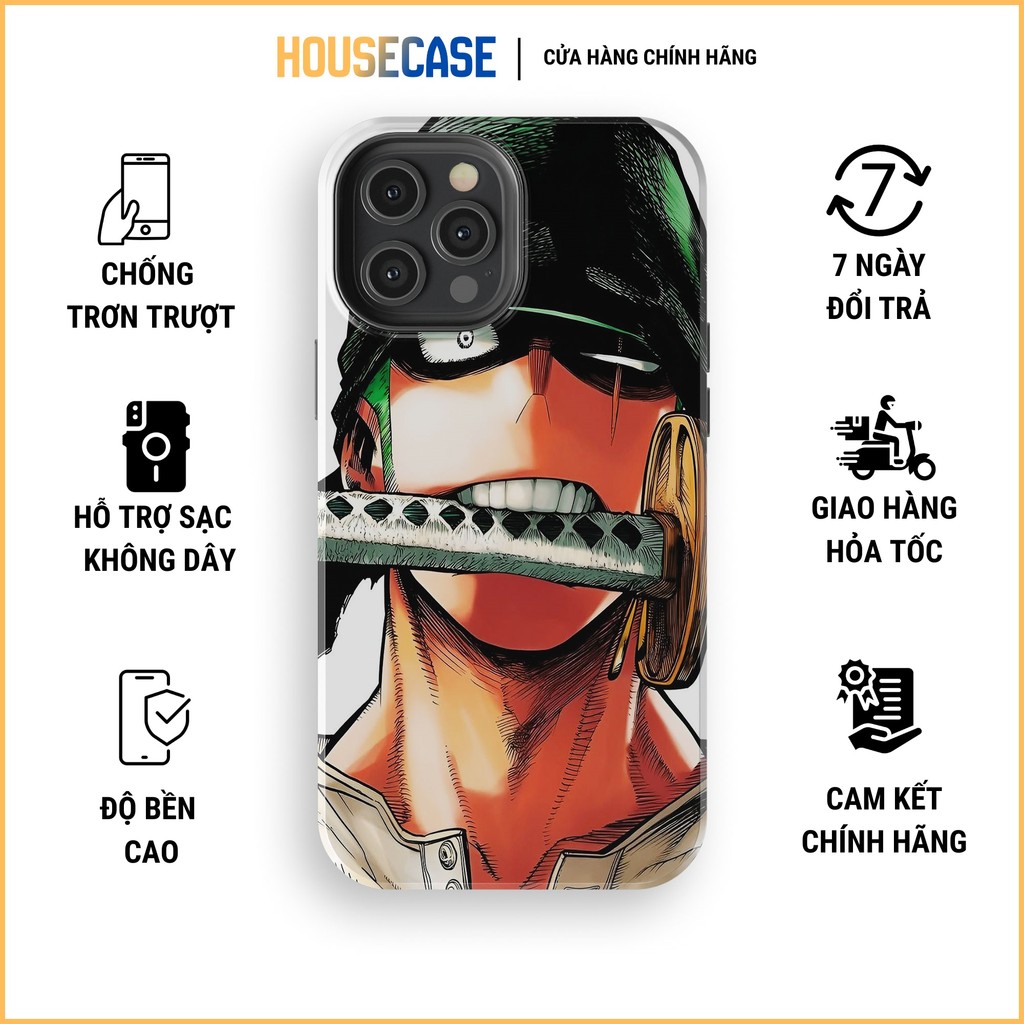 Ốp iphone ONE PIECE trắng lì họa văn Zoro ngậm kiếm 3 thanh TPU cứng chống sốc