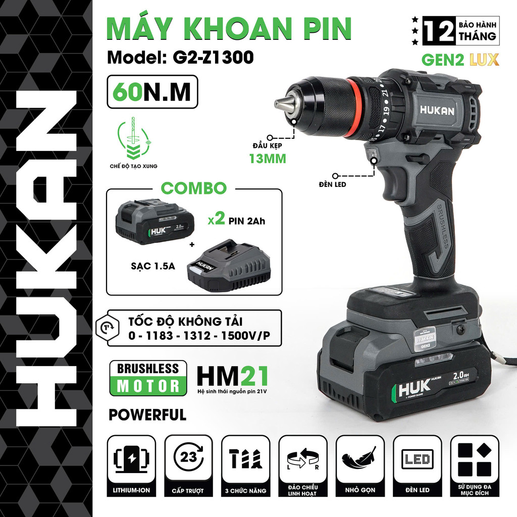 MÁY KHOAN PIN 21V 13MM G2-Z1300 HUKAN -HÀNG CHÍNH HÃNG
