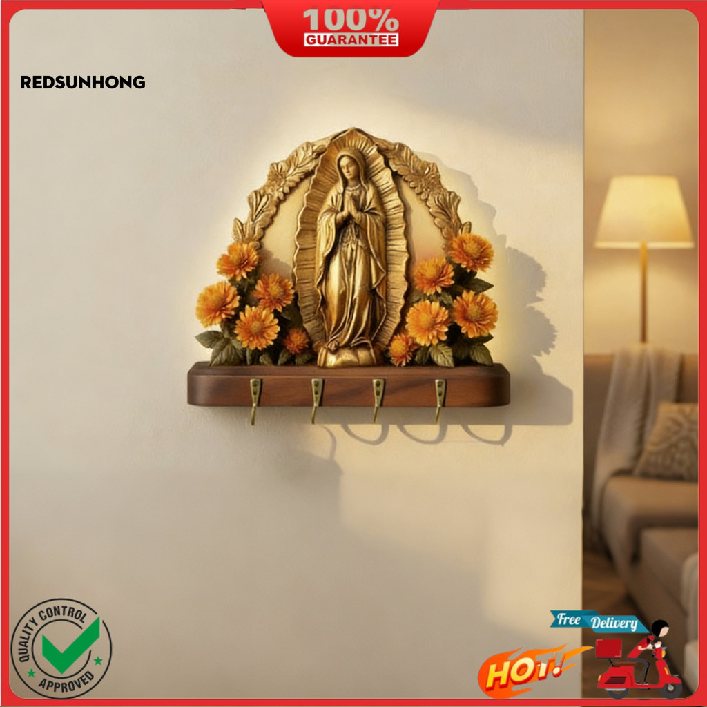 ☃2D Flat Virgin Mary Wall Key Holder Farmhouse Nghệ thuật treo tường tôn giáo với 4 móc kim loại cho
