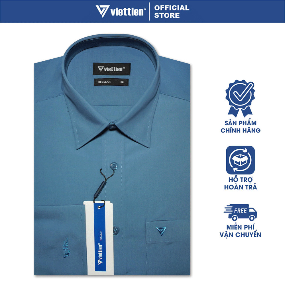 VIETTIEN SALE - Áo Sơ Mi VIETTIEN Dài Tay, Màu Xanh, Họa Tiết Trơn, Form Regular Lai Bầu