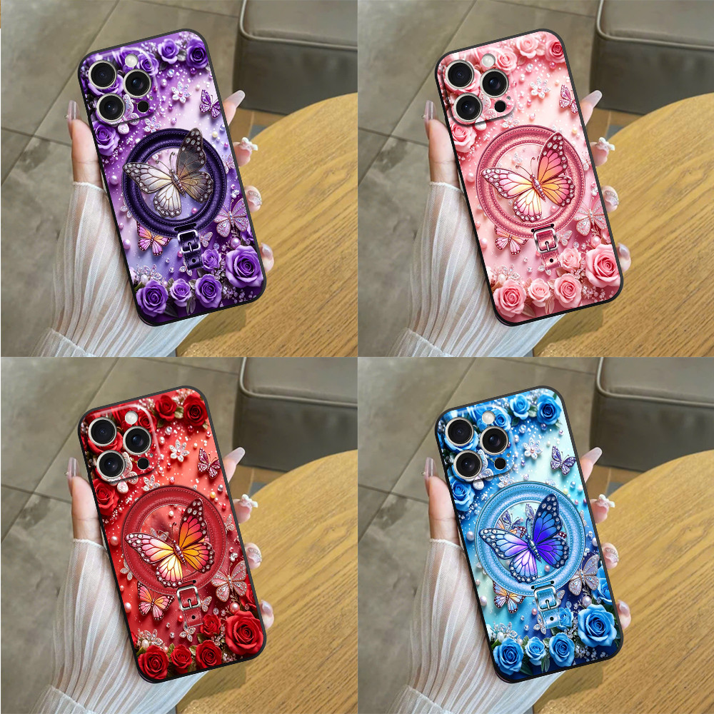 Ốp lưng dành cho iphone 16 16 Pro 16 Pro Max 16 Plus in hình ( phẳng ) hoạt tiết bướm vs hoa hồng