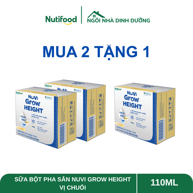 [COMBO MUA 2 TẶNG 1] Thùng 24 Hộp Sữa Bột Pha Sẵn Nuvi Grow Height Vị Chuối Hộp 110ml