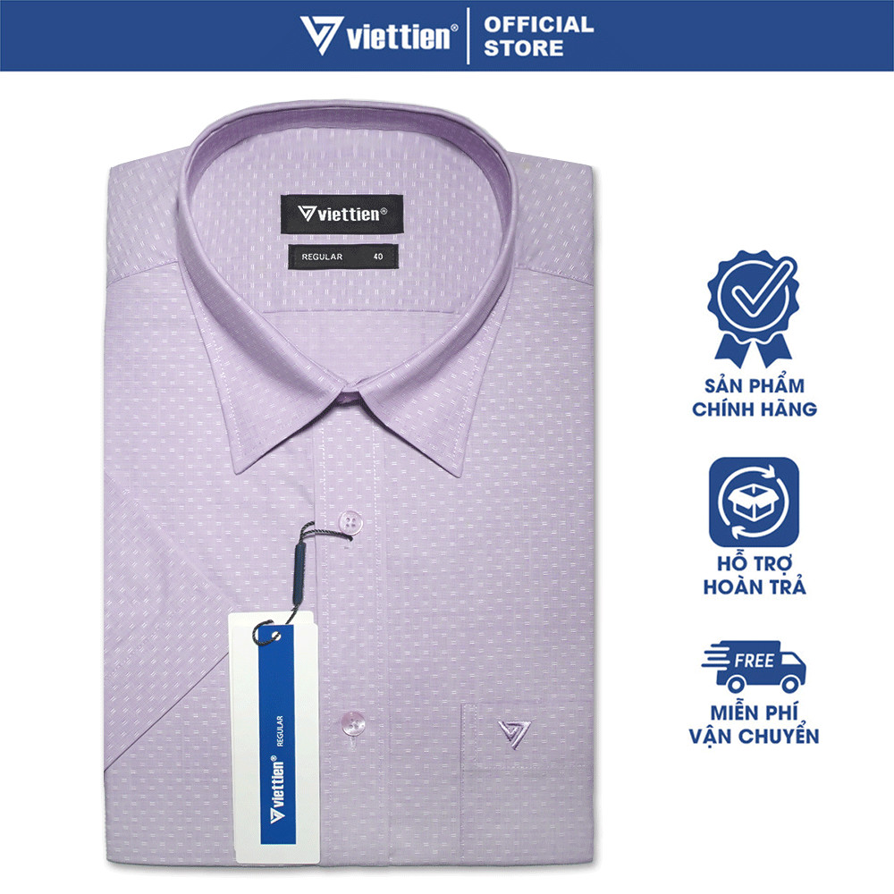 VIETTIEN SALE - Áo Sơ Mi VIETTIEN Ngắn Tay, Màu Tím, Họa Tiết, Form Regular, Lai Bầu
