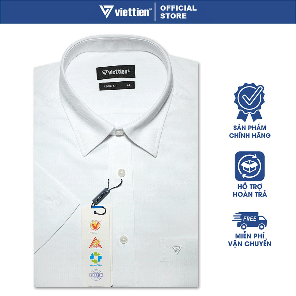 VIETTIEN SALE - Áo Sơ Mi VIETTIEN Ngắn Tay, Màu Trắng, Họa Tiết Sọc Dọc, Form Regular Lai Bầu
