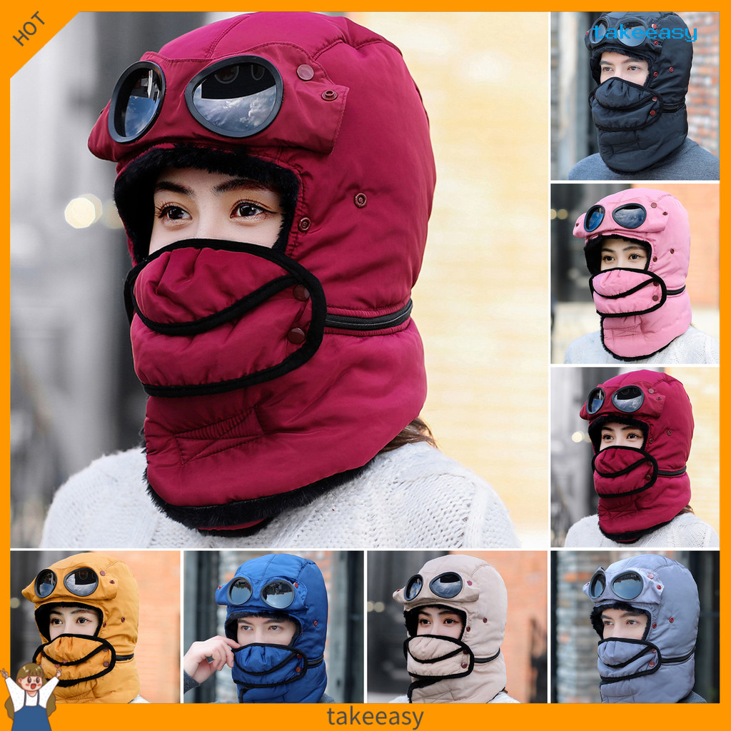 [take] Mũ Lei Feng Mũ giữ nhiệt mùa đông có kính 3 trong 1 Trapper Aviator Hat Face Guard Earmuffs W