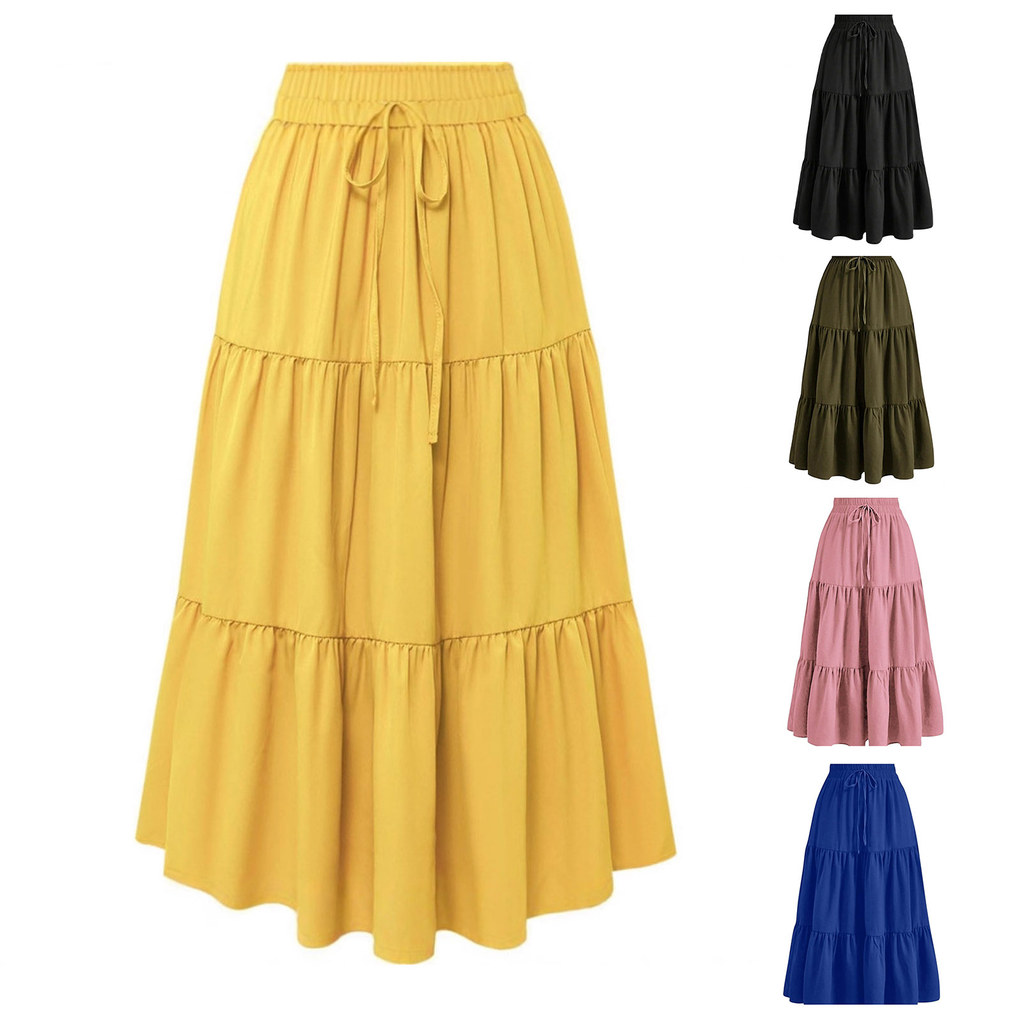 Váy Maxi chữ A xếp tầng mùa hè dành cho nữ Caultty Váy dài xếp ly cạp cao Váy dài dáng rộng đi biển 