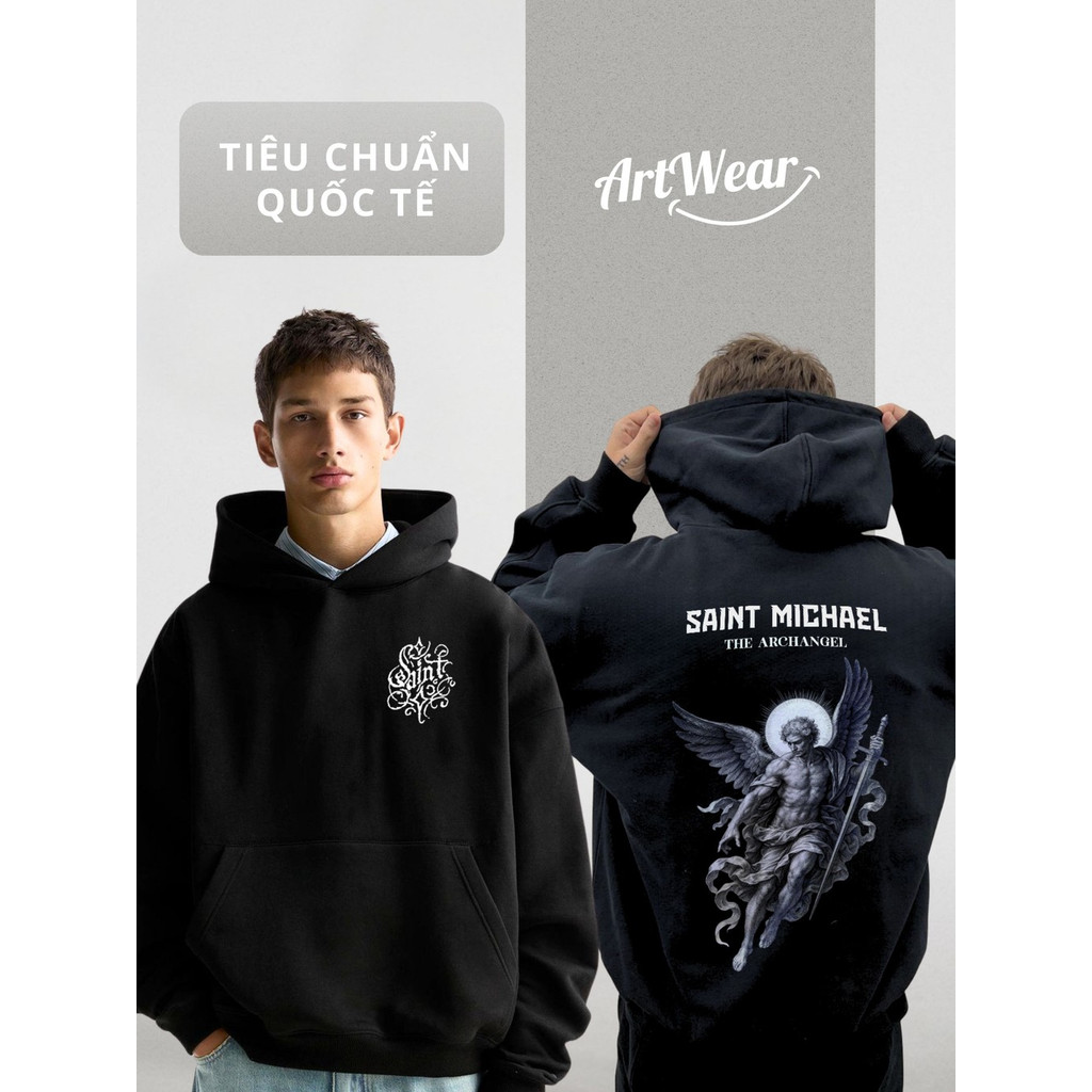 Áo Hoodie "Saint Michael" nỉ bông Oveny – Hoodie "Saint Michael" form rộng mũ to đen cao cấp