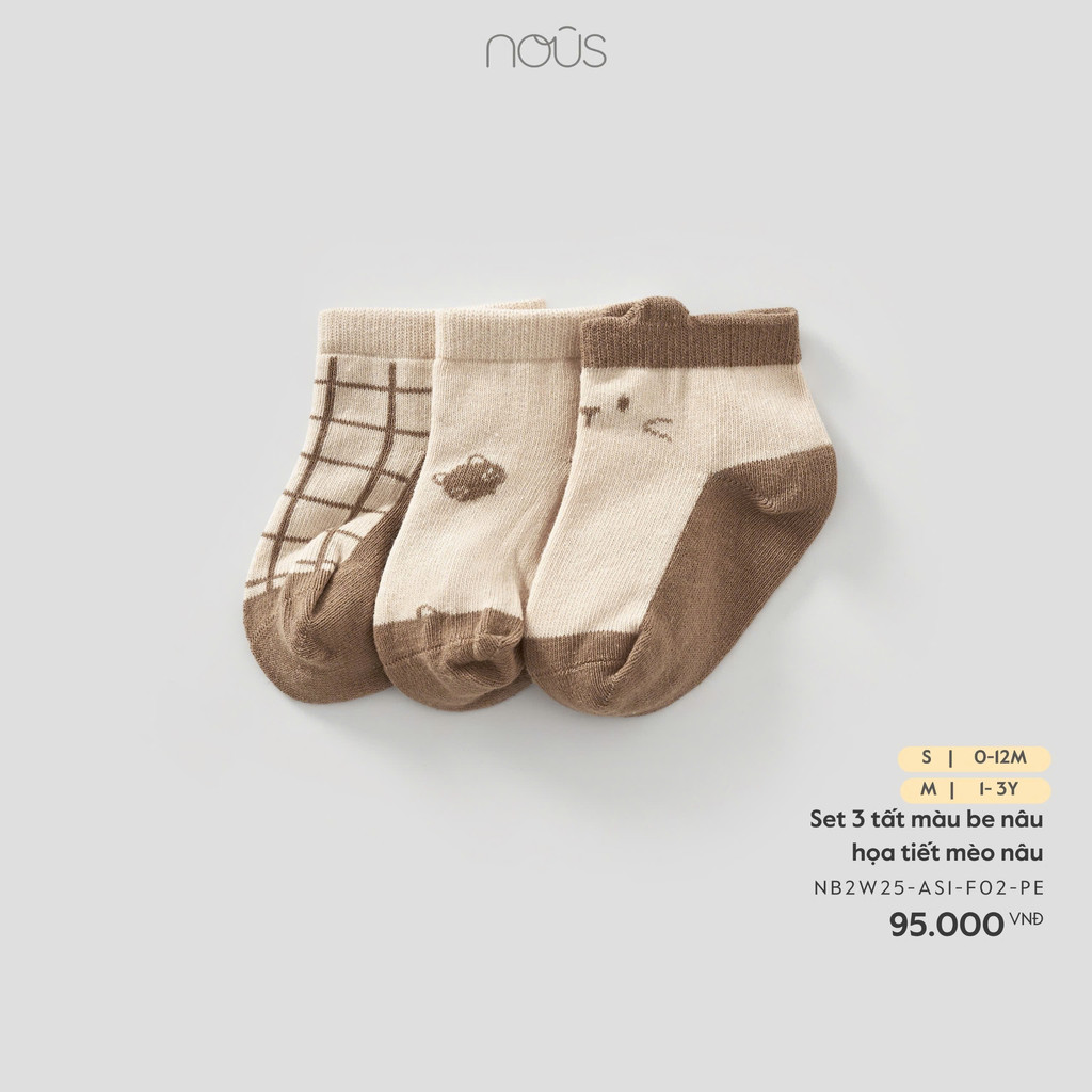 Set 3 tất màu be nâu họa tiết mèo nâu Nous Bíp Bíp House
