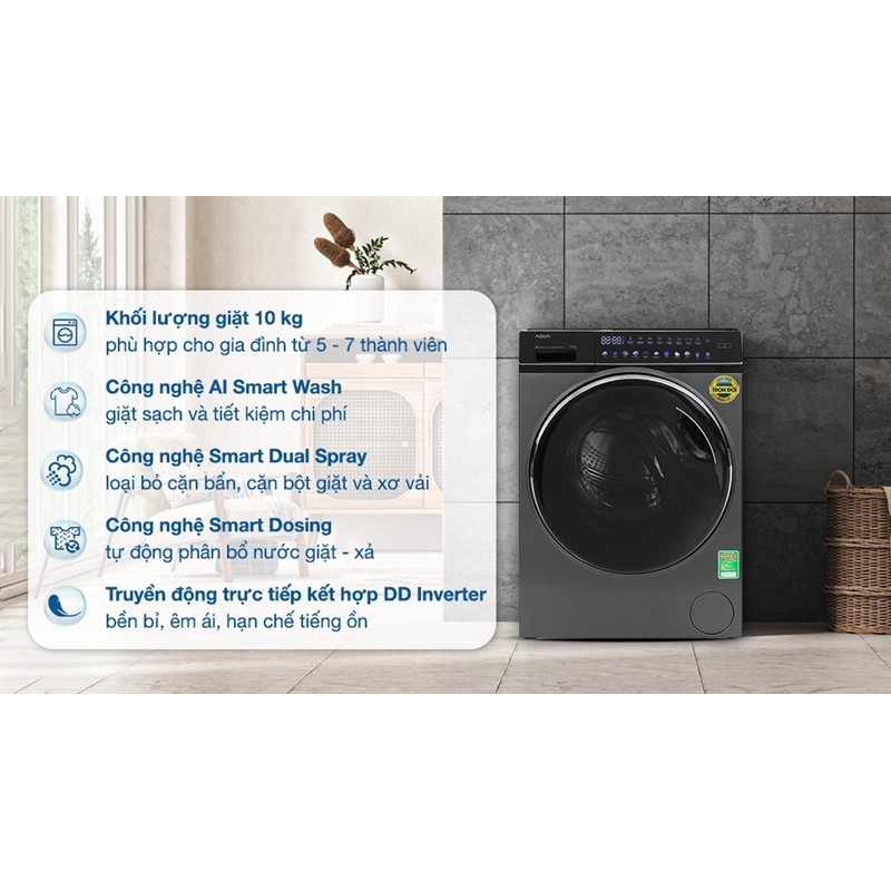 Máy giặt Aqua Inverter 10 kg AQD-DDW1000J BK - VIỆT NAM LIKE NEW - Bảo Hành Hãng