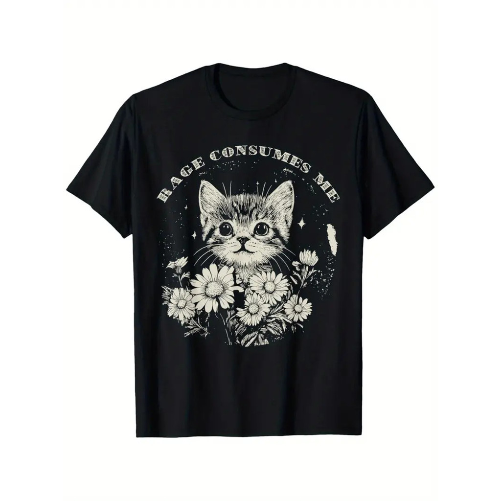 Áo thun họa tiết mèo vui nhộn - 'Rage Consumes Me' Sarcastic Kitten & Flower Design,