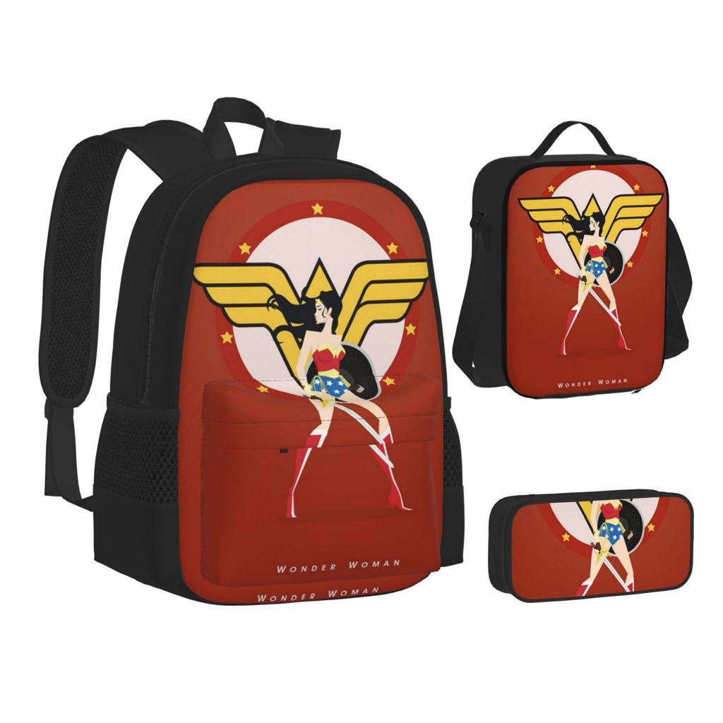 Combo Ba Lô 3 Trong 1 Cao Cấp Wonder Woman - -Backpack + Túi Ăn Trưa Cách Nhiệt + Túi Đựng Bút Chì