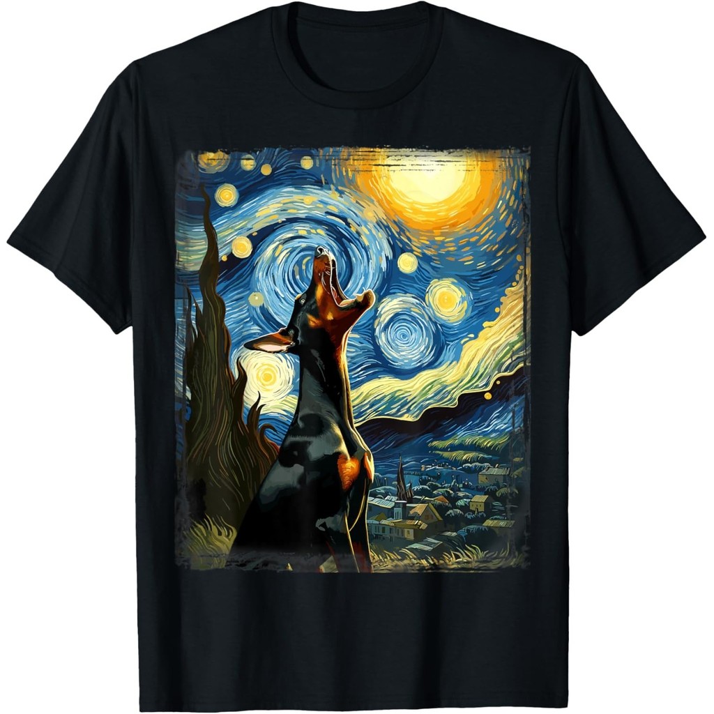 Doberman Pinscher Canine Art Van Gogh Đêm đầy sao Doberman Áo thun Unisex