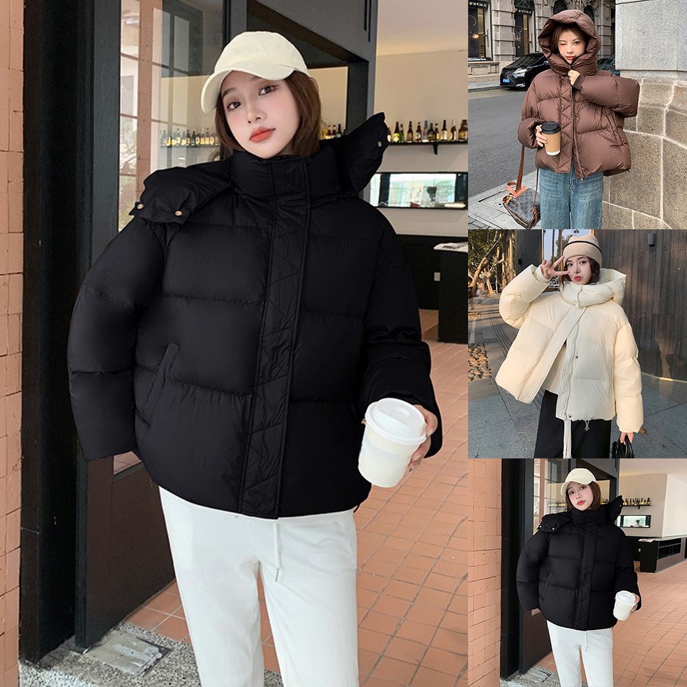 Áo khoác parka nữ có mũ, dày ngắn, dáng rộng phù hợp thời trang hàng ngày