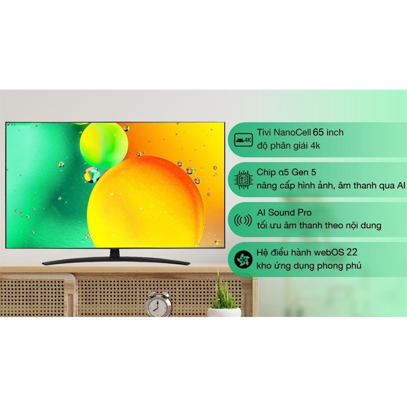 Smart Tivi NanoCell LG 4K 65 inch 65NANO76SQA - INDONESIA (N.12T2) (LIKE NEW - BẢO HÀNH CHÍNH HÃNG)