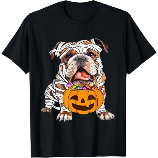 Áo thun thông thường Bulldog Dog Mummy Halloween