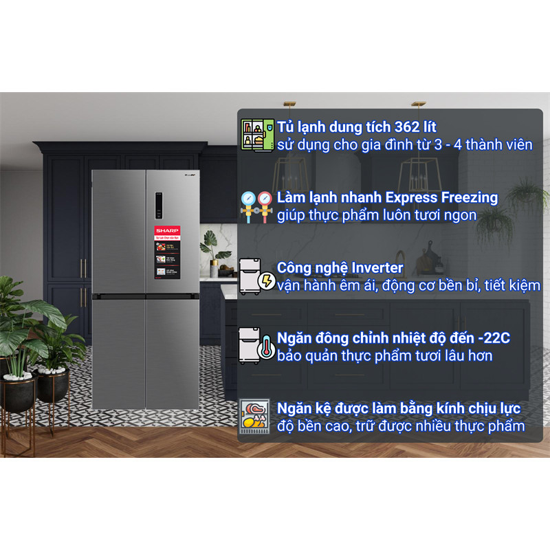 Tủ lạnh Sharp Inverter 362 lít SJ-FX420V-SL (99.10T5) dienmaysieure Xả Kho
