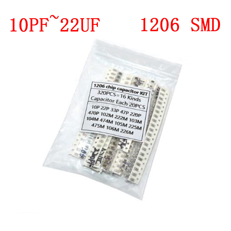 16values * 20pcs = 320pcs 1206 SMD Tụ điện các loại bộ 10pF ~ 22uF thành phần tự làm mẫu bộ mới và n