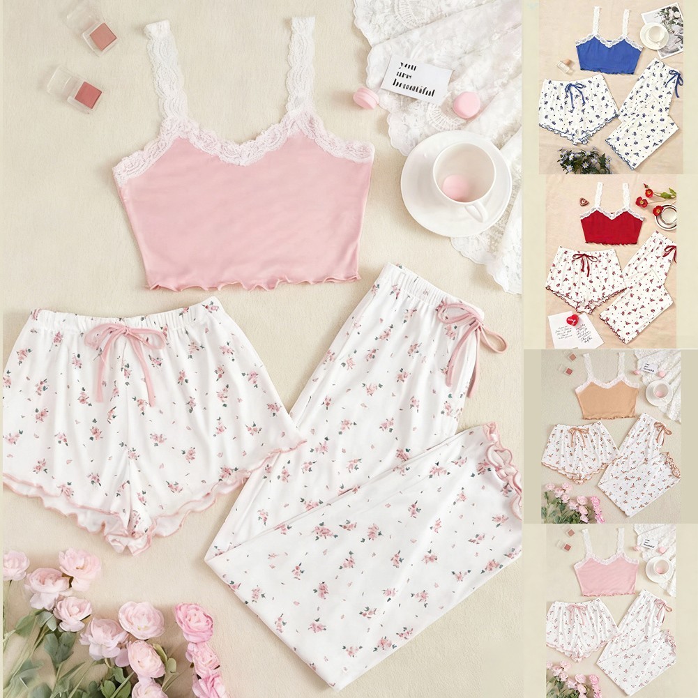 Bộ Đồ Ngủ 3 Bộ Đồ Ngủ Ren Camisole In Hoa Hai Quần Đồ Ngủ Loungewear [UNKY]