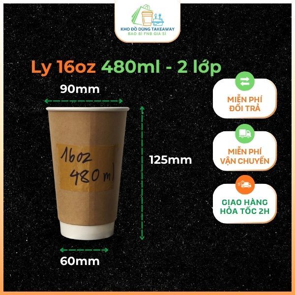 Ly giấy kraft 16oz 480ml 2 lớp cách nhiệt – ly kraft dùng cho trà sữa, soda