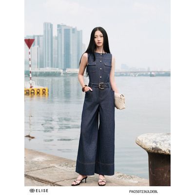 Jumpsuit denim diễu chỉ đai eo thiết kế Elise O2O mã FW2507236JLDEBL