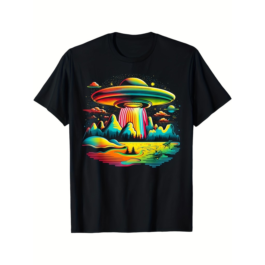 Retro 80S Ufo Alien Space Áo thun - Neon Glow 80S Thiết kế hoài cổ với đĩa bay ngoài hành tinh Unise