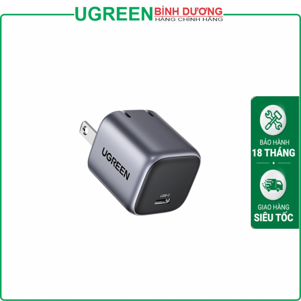 Sạc điện thoại Fast Charger GaN 30W (1 Cổng Sạc Nhanh Type-C 30W) Ko Kèm Cáp màu đen Ugreen 55530