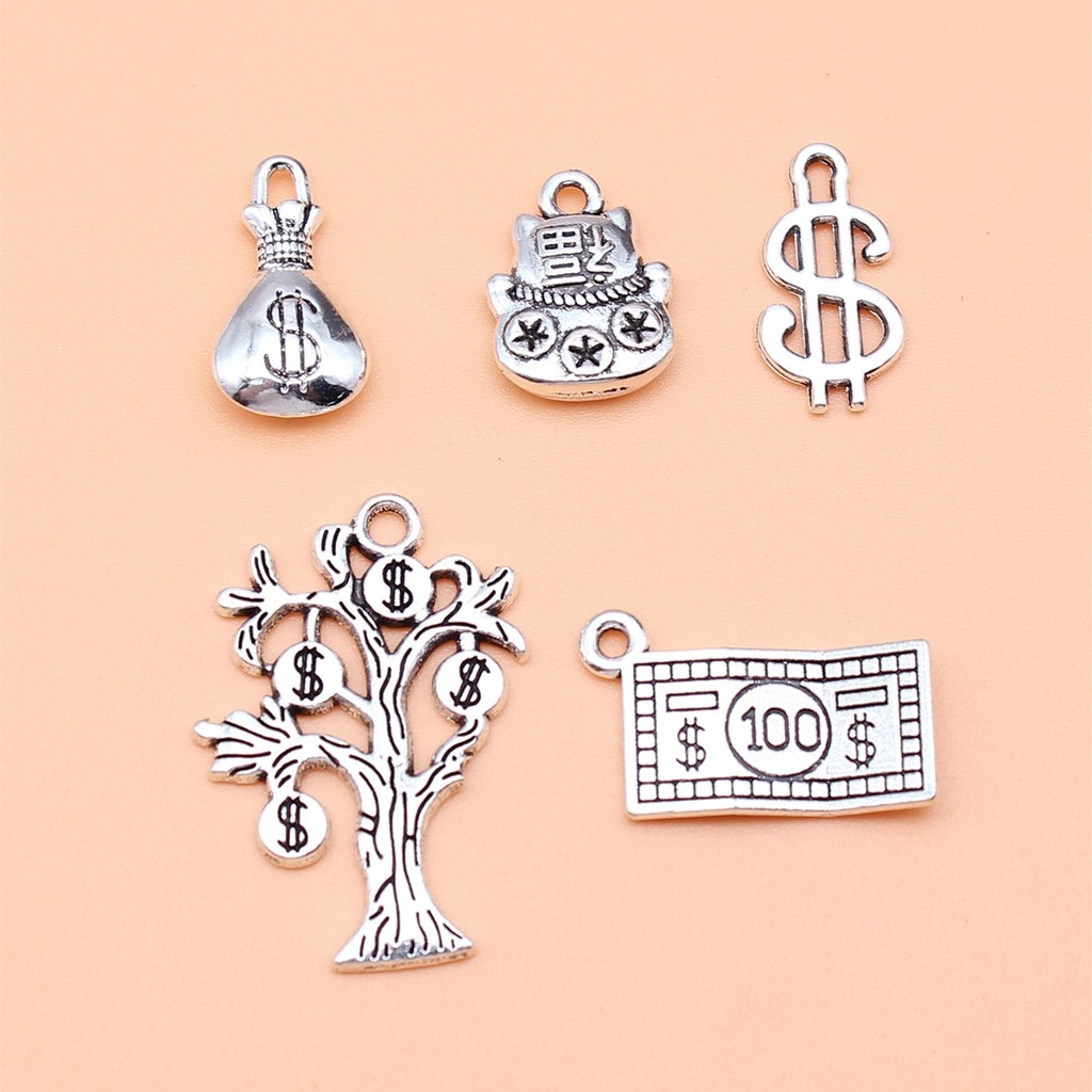 Bộ 5 Túi Đựng Tiền Màu Bạc Cổ Dollar Bill Lucky Cat Money Tree Charms Collection, 5 Kiểu, 1 Trong Số