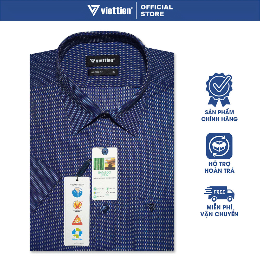 VIETTIEN SALE - Áo Sơ Mi VIETTIEN Ngắn Tay, Màu Xanh Navy, Họa Tiết Chấm Bi, Form Regular, Lai Bầu