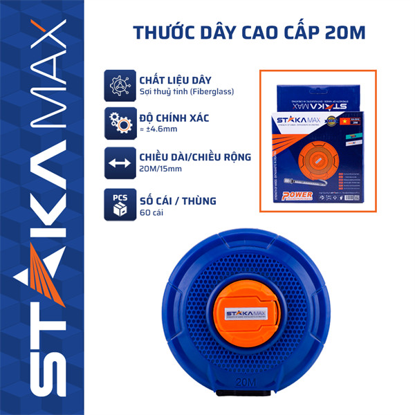 Thước dây cao cấp 50m Staka Max sợi thủy tinh đo công trình
