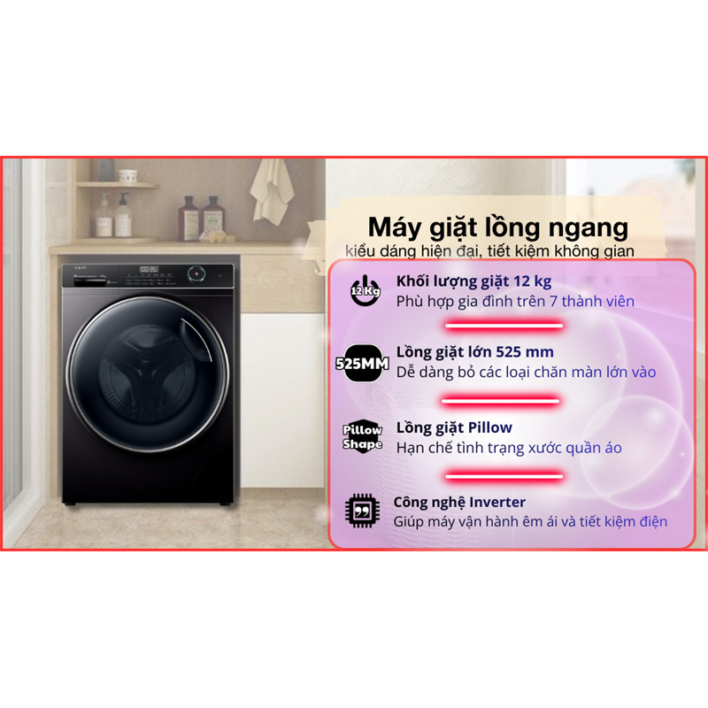 Máy giặt Aqua Inverter 12 kg AW12-B4959U1K(B) 2024 - Việt Nam Phân phối chính hãng