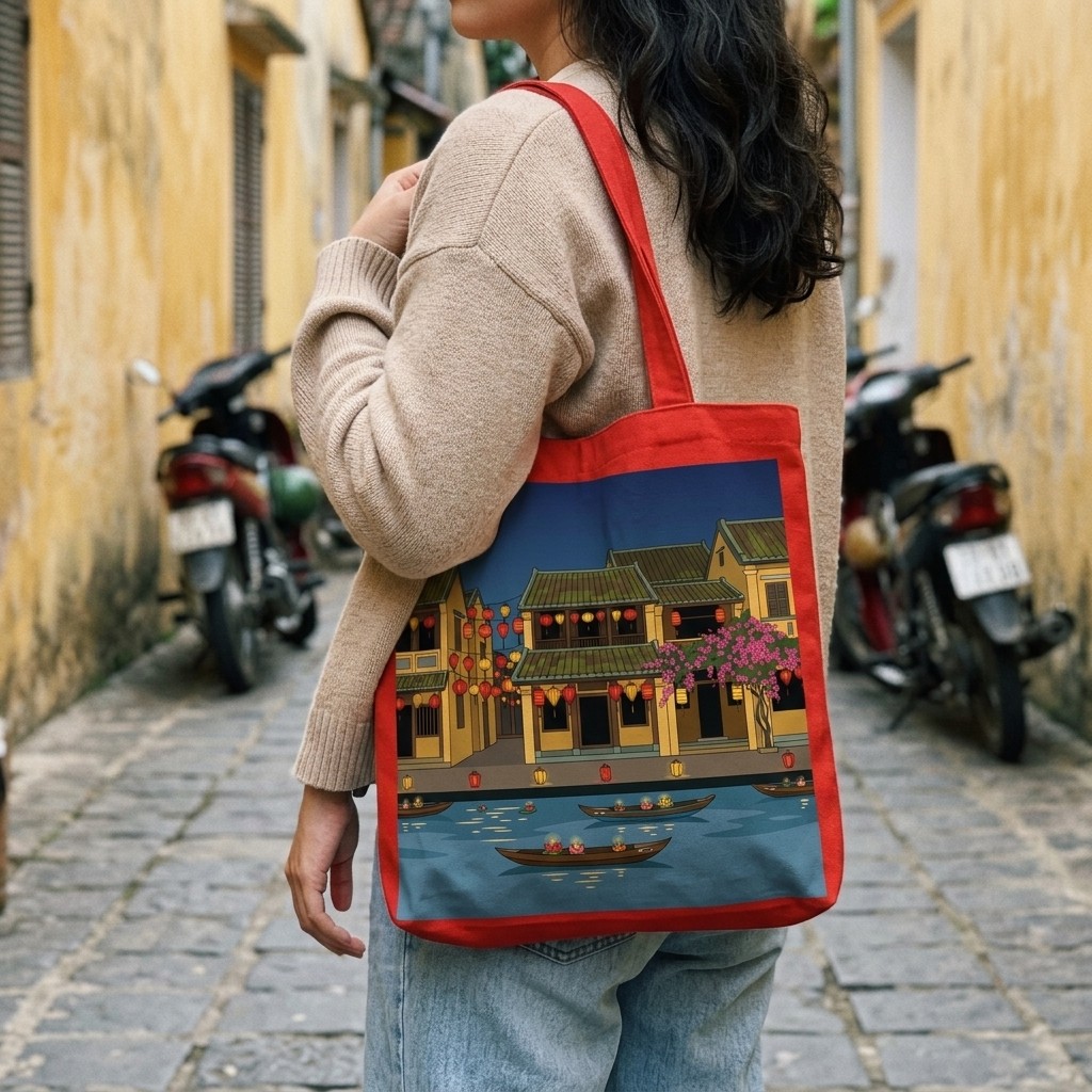 Túi Tote Vải Đỏ In Hội An Đêm Hội Lồng Đèn Phố Cổ Du Lịch Việt Nam Có Khóa Túi Phụ Vintage a-tuid002