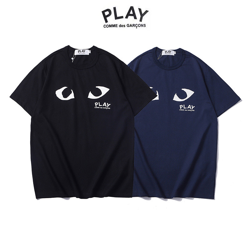 CDG Play Evil Eyes Graphic Tee Stylish Twin Eyes Print With Brand Text Logo Punk Style Cotton Top