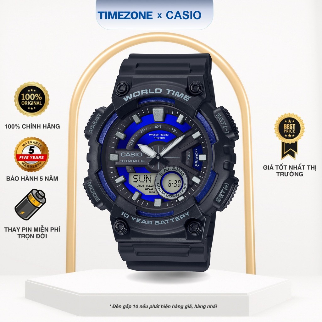 Đồng hồ Casio Chính Hãng 52mm Nam AEQ-110W-2A Kính Nhựa Dây Cao Su - TIMEZONEVN