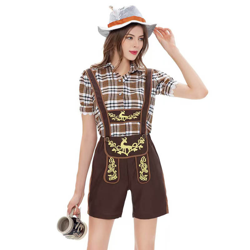 Đức Oktoberfest Trang Phục Bộ Nữ Mũ Bavaria Áo Sơ Mi Bia Kẻ Sọc Bavaria Sân Khấu Quần Ngắn