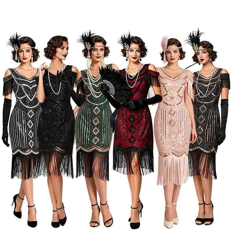 Nữ thập niên 1920 Gatsby Đầm Dài Viền Vintage Sequin Art Deco Cocktail Flapper Đầm Có Tay Cho Tiệc H