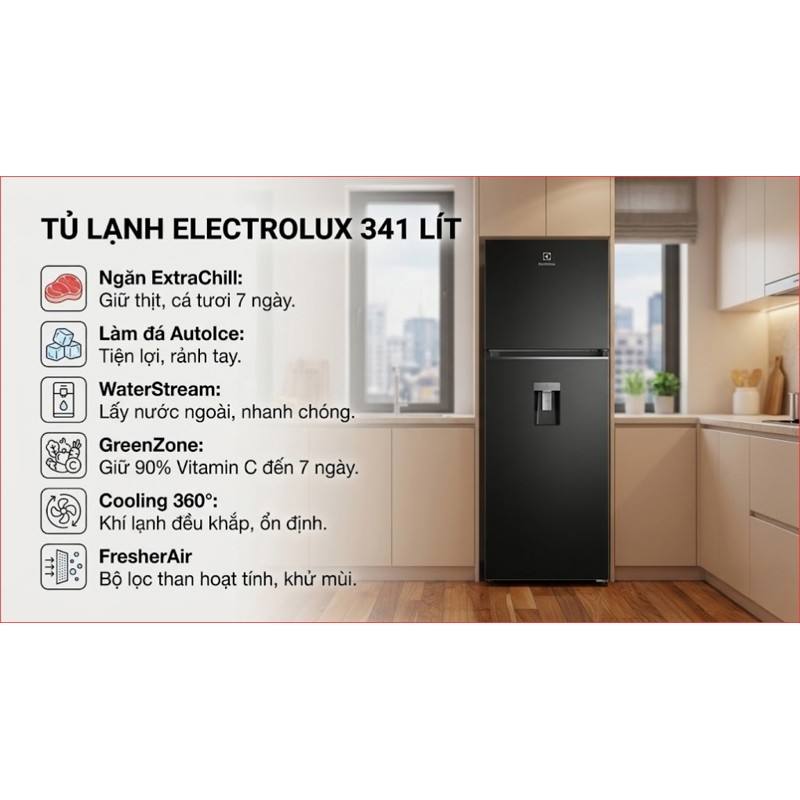 Tủ lạnh Electrolux Inverter 341 lít ETB3460L-B 2025 - Thái Lan Bảo hành chính hãng