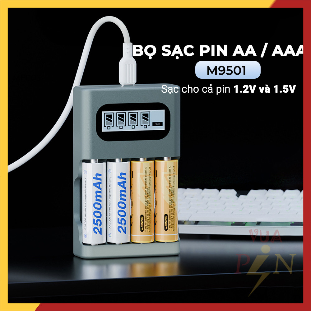 Vua Pin: Sạc AA/AAA Beston M9501, Type-C, sạc nhanh, tự ngắt, pin Ni-MH 1.2V & Lithium 1.5V.
