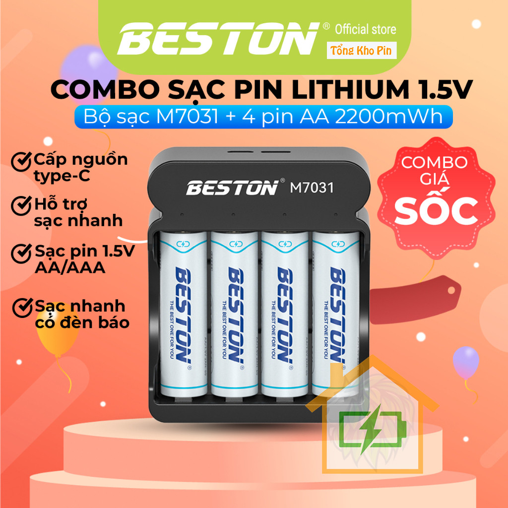 Sạc Beston M7031 + 4 pin Lithium 2A, 1.5V, 2200mWh. Tổng Kho Pin - USB-C, an toàn, báo đèn.
