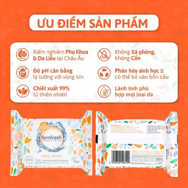 Khăn ướt vệ sinh vùng kín cao cấp hằng ngày Femfresh Intimate Skincare Daily Wipes 25 tờ