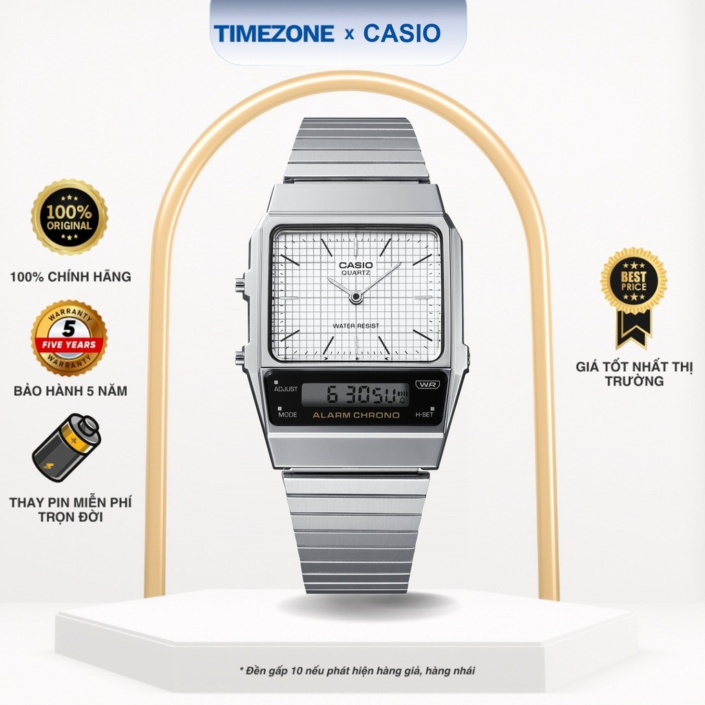Đồng hồ Casio Chính Hãng 41mm Nữ AQ-800E-7A Kính Nhựa Dây Kim Loại - TIMEZONEVN