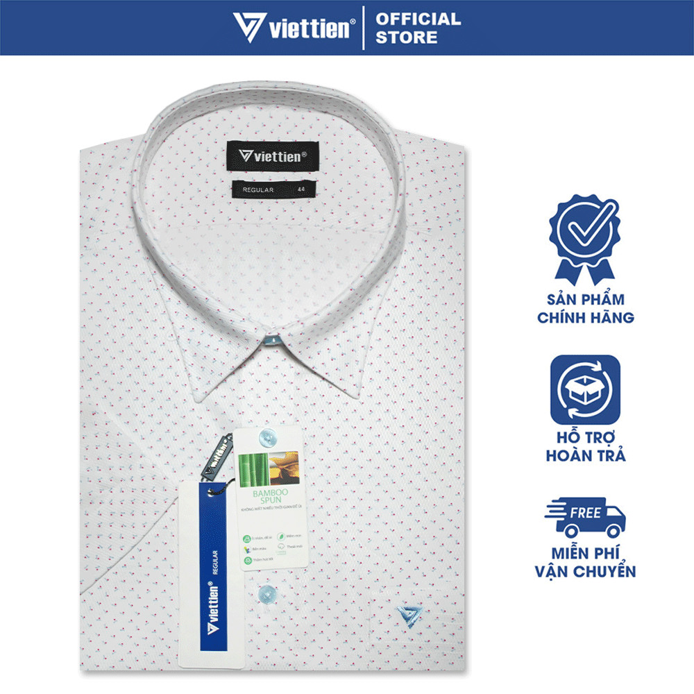 VIETTIEN SALE - Áo Sơ Mi VIETTIEN Ngắn Tay, Màu Trắng, Họa Tiết, Form Regular, Lai Bầu
