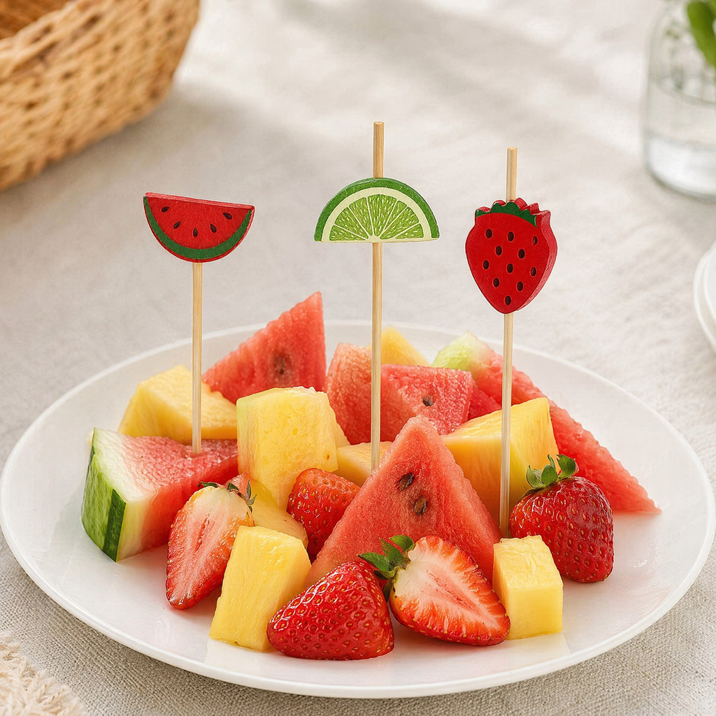 PEH- 100 CÁI Thẻ trái cây dùng một lần, với các loại Cocktail trang trí trái cây hoạt hình, xiên tre