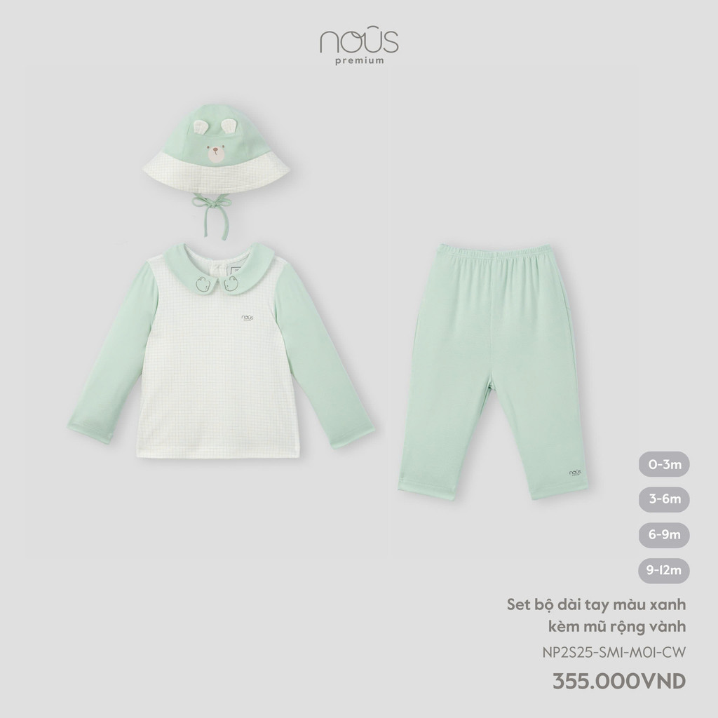 NOUS (0M-9M) – Set bộ dài tay màu xanh kèm mũ rộng vành vải cotton tự nhiên – NP2S25-SM1-M01-CW (ZZ)